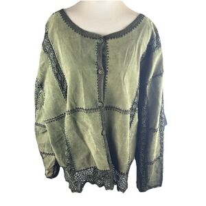 Vintage‎ S.M.H. Woman's Olive Leather Crochet Trim Jacket Top Size 3X Boho Luxe